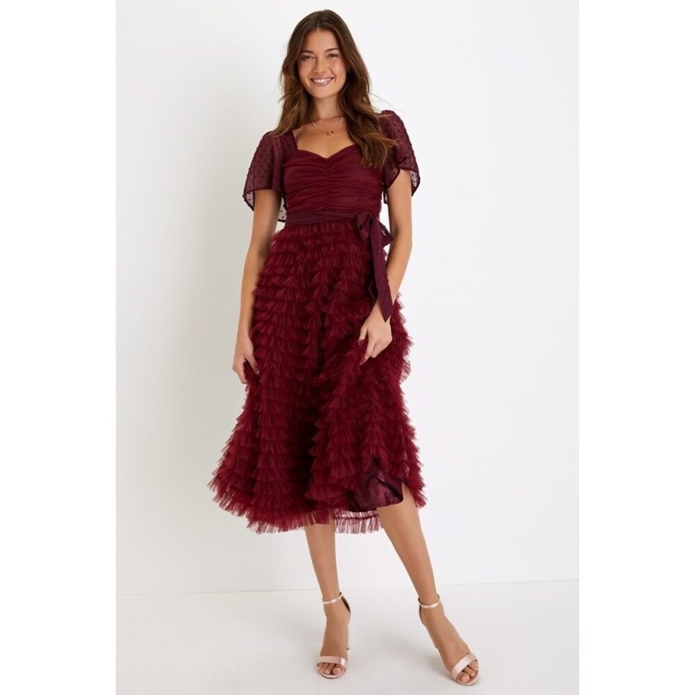 Lulus Stunning Delight Burgundy Tulle Swiss Dot Tiered Midi Dress - Size XS